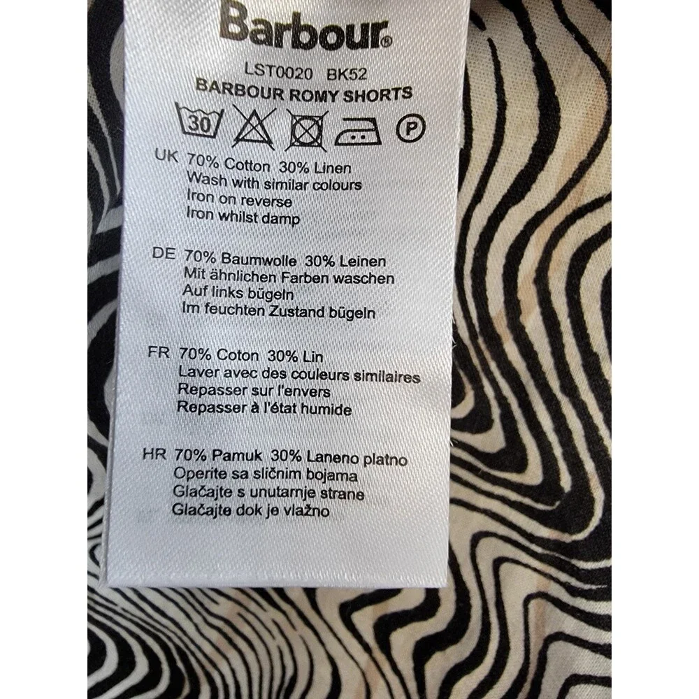 Barbour Romy Linen Blend Shorts Women's 8 Monochrome Zip Fly Hook & Bar Closure